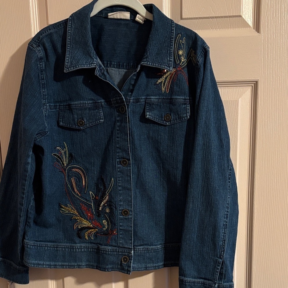 Marsh Landing Blue Jean Jacket with Colorful Embroidery